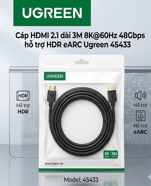 C&aacute;p HDMI 2.1 D&agrave;i 3M 8K@60Hz 48Gbps HDR eARC UGREEN 45433